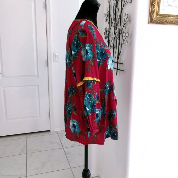 New Pioneer Woman Flowy Gauze Floral Print Boho Top Blouse S Fuchsia Red Blue - Picture 5 of 12